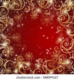 Elegant christmas red background with golden decoration, snowflakes and lights