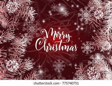 Elegant christmas red background with hand drawn pine tree branches and cones, snowflakes and lights.Vector eps10 illustration for your design.