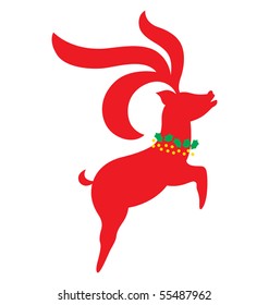 Elegant Christmas reindeer illustrated in red silhouette with wreath as accessory.