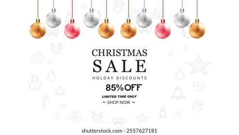 Elegant Christmas Sale Banner with gold Up to 85% off lettering on blue gradient background in framed with hand drawn Christmas elements, snowflakes, presents, snow, candy cane. Vector Illustration.