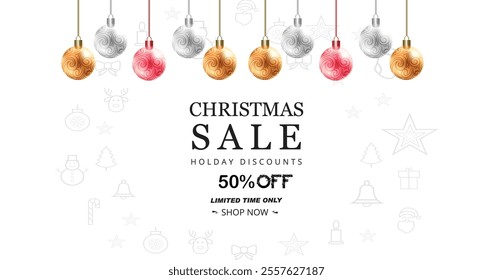 Elegant Christmas Sale Banner with gold Up to 50% off lettering on blue gradient background in framed with hand drawn Christmas elements, snowflakes, presents, snow, candy cane. Vector Illustration.