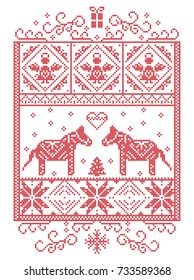 Elegant Christmas Scandinavian, Nordic style winter cross stitch pattern including snowflake, heart, Dala horse, Christmas tree, gift, angels, snow in red, white in decorative rectangle frame 
