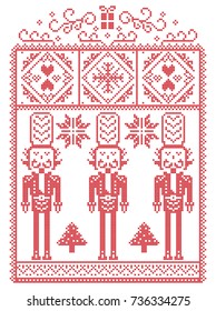 Elegant Christmas Scandinavian, Nordic style winter stitching, pattern including snowflake, heart, nutcracker soldier, Christmas tree, Christmas present, snow in red, white in decorative rectangle
