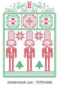 Elegant Christmas Scandinavian, Nordic style winter stitching, pattern including snowflake, heart, nutcracker soldier, Christmas tree, Christmas present, snow in red, green in decorative frame 

