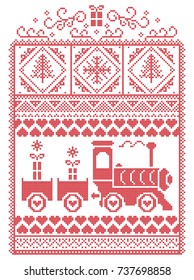Elegant Christmas Scandinavian, Nordic style winter stitching, pattern including snowflake, heart, gravy train, Christmas tree, Christmas present, snow in red, whit  in decorative frame 

