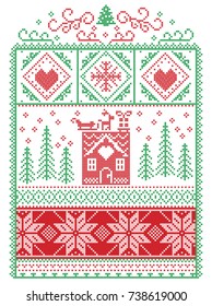 Elegant Christmas Scandinavian, Nordic style winter stitching, pattern including snowflake, heart, reindeer, sleigh,, gingerbread house, Christmas tree, gift, snow in red, green in decorative frame 
