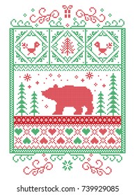 Elegant Christmas Scandinavian, Nordic style winter stitching, pattern including snowflake, heart,  polar bear, Christmas tree, gift, snow, robin, snowflake, star in red, white, green 
