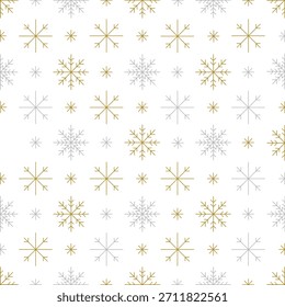 Navidades elegantes sin patrón con copos de nieve de oro y plata sobre un fondo blanco limpio. Perfecto para decoraciones navideñas, envoltura de regalos de Navidad, embalaje de temporada, tarjetas festivas, invierno
