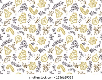 Elegant christmas seamless pattern with hand drawn elements isolated on white background. EPS 10 vector illustration.