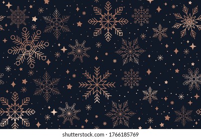 Elegante patrón de Navidad sin fisuras con copos de nieve de oro rosa y fondo azul marino. Lujo Año Nuevo. Ilustración del vector