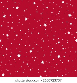 Elegante Natal padrão sem emenda com estrelas espalhadas. Formas de estrela branca e flocos de neve no fundo vermelho. Perfeito para o envoltório de presente de Natal, impressão de Ano Novo, papel de parede, acolhedor inverno têxtil, embalagem