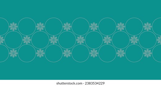 Elegant Christmas seamless vector pattern Border with pink lace snowflakes and circles on blue. Geometric background for greeting cards, Christmas and New Year cards, invitations and wrapping paper.