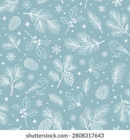 Elegant Christmas seamless vector pattern with white line art pine branches, cones, holly berries, birds, snowflakes, stars and dots on soft blue winter background