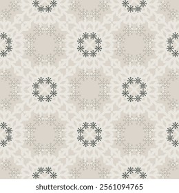 Elegant Christmas seamless vector snowflake pattern on beige background. Beautiful seasonal pattern for wrapping paper, greeting cards, invitations, gift boxes and home decor.