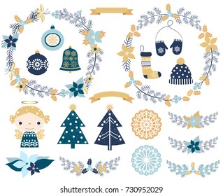Elegant Christmas set with wreaths, snowflake ornaments and festive design elements in blue and gold colors