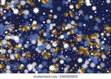 Elegante Weihnachtsstar-Vektorgrafik. Die goldblaue, farbige Einrichtung. Plakatstardust-Muster. Weihnachtsstern Form Konfetti. Auszeichnung traditioneller Explosion.