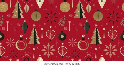 Elegant Christmas Themed Pattern with Geometric Trees, Ornaments, Stars, and Leaves in Gold and Black on a Festive Red Background, Perfect for Holiday Wrapping Paper, Gift Boxes, or Decorative Winter 