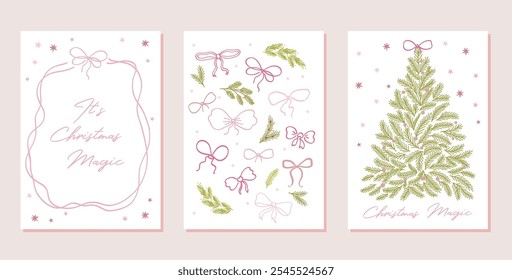 Elegant Christmas tree with a bow greeting card set, collection. Ribbons and bows design, poster in whimsical hand drawn vector style, magical Christmas atmosphere invitation template