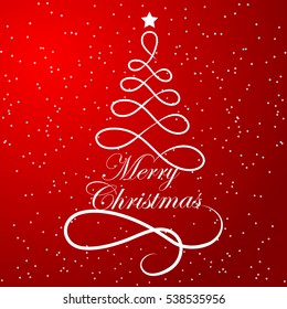Elegant Christmas Tree Composed of Lines on Red Space Background with Merry Christmas Text. Vector Illustration