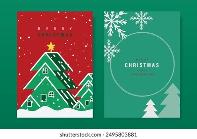 Elegant christmas tree invitation card vector set. Christmas tree, snowflake, house on red and green background. Design illustration for cover, print, poster, wallpaper.