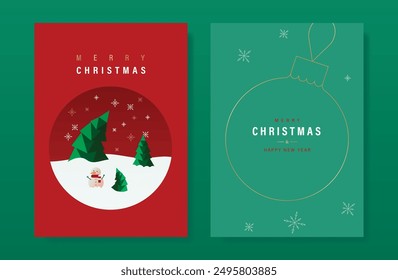 Elegante árbol de navidad tarjeta de invitación conjunto de Vector. Árbol de Navidad, copo de nieve, globo de nieve, muñeco de nieve sobre fondo rojo y verde. Ilustración de diseño para portada, impresión, póster, Fondo de pantalla.