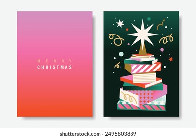 Elegante árbol de navidad tarjeta de invitación conjunto de Vector. Árbol de Navidad, libro, confeti sobre fondo rosa y verde. Ilustración de diseño para portada, impresión, póster, Fondo de pantalla.