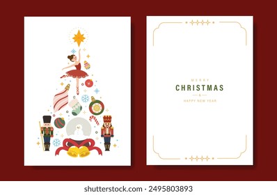 Elegant christmas tree invitation card vector set. Christmas tree, snowflake, ballet, nutcracker, christmas bauble on white background. Design illustration for cover, print, poster, wallpaper.