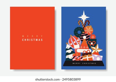 Elegant christmas tree invitation card vector set. Christmas tree, christmas bauble, wreath, gift, hat, sock on red and blue background. Design illustration for cover, print, poster, wallpaper.