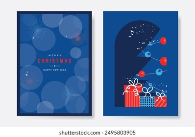 Elegant christmas tree invitation card vector set. Christmas tree, snowflake, gift, firework on navy blue background. Design illustration for cover, print, poster, wallpaper.