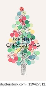 Elegant Christmas tree with pastel colored decoration and Merry Christmas greetings. Editable dashed line stroke