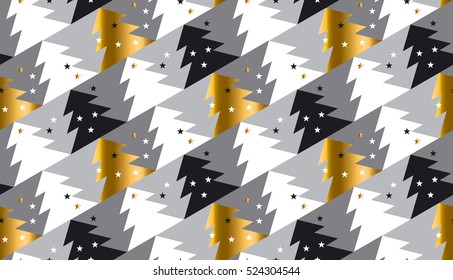 Elegant Christmas tree seamless geometry pattern in luxury gray colors. gold and white winter fest repeatable motif with stars and trees. vector illustration.  Christmas and new year holiday tree