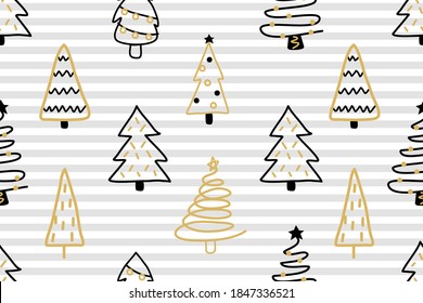 Elegant Christmas tree seamless pattern on stripe background for wallpaper, fashion print, gift wrapping etc.