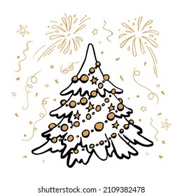 Elegant Christmas tree with serpentine and fireworks and confetti on the holiday of the New Year