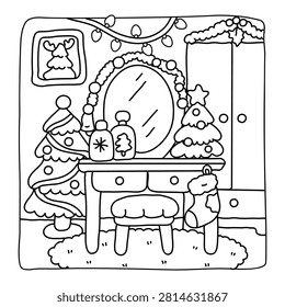 Elegant Christmas vanity table with mirror, festive lights, decorated tree, and cozy holiday bedroom coloring page