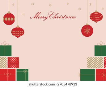 Fondo de Vector de Navidades elegantes con adornos rojos colgantes, cajas de regalo y espacio para texto. Perfecto para tarjetas de felicitación e invitaciones.