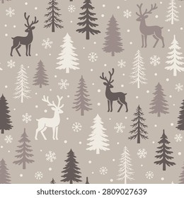 Elegant Christmas vector seamlesspattern with reindeer silhouettes, fir trees, snowflakes, and falling snow on taupe winter forest background 