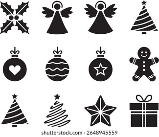 Elegante Natal Vetor Silhuetas uma coleção festiva de Holly Anjos Árvores Ornamentos Gengibre Homem Estrela e presente embrulhado