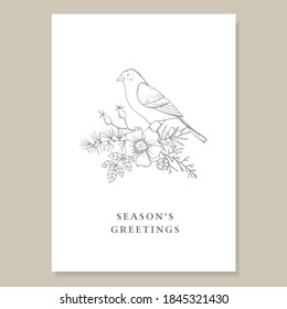 Elegant Christmas vintage greeting card, invitation. Decorative floral composition. Hand drawn goldfinch bird sitting on larch and yew tree branches. Wild flower and rose hips. Engraving illustration.