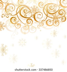 Elegant christmas white background with golden decoration, snowflakes and lights