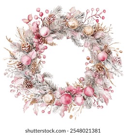 Elegant Christmas wreath adorned with pink ornaments, pinecones, and delicate berries. Perfect for festive decor, holiday cards, and seasonal designs. Adds a touch of charm and warmth to any project.