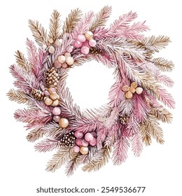 Elegant Christmas wreath adorned with pink ornaments, pinecones, and delicate berries. Perfect for festive decor, holiday cards, and seasonal designs. Adds a touch of charm and warmth to any project.