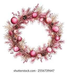 Elegant Christmas wreath adorned with pink ornaments, pinecones, and delicate berries. Perfect for festive decor, holiday cards, and seasonal designs. Adds a touch of charm and warmth to any project.