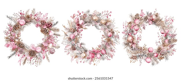 Elegant Christmas wreath adorned with pink ornaments, pinecones, and delicate berries. Perfect for festive decor, holiday cards, and seasonal designs. Adds a touch of charm and warmth to any project.