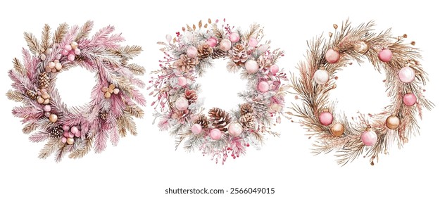 Elegant Christmas wreath adorned with pink ornaments, pinecones, and delicate berries. Perfect for festive decor, holiday cards, and seasonal designs. Adds a touch of charm and warmth to any project.