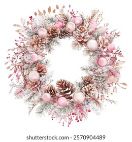 Elegant Christmas wreath adorned with pink ornaments, pinecones, and delicate berries. Perfect for festive decor, holiday cards, and seasonal designs. Adds a touch of charm and warmth to any project.