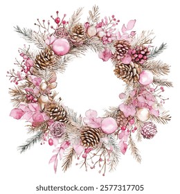 Elegant Christmas wreath adorned with pink ornaments, pinecones, and delicate berries. Perfect for festive decor, holiday cards, and seasonal designs. Adds a touch of charm and warmth to any project.