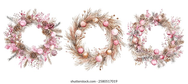 Elegant Christmas wreath adorned with pink ornaments, pinecones, and delicate berries. Perfect for festive decor, holiday cards, and seasonal designs. Adds a touch of charm and warmth to any project.