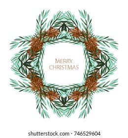 Elegant christmas wreath with fir tree branches and cons, design element. Can be used for holiday invitations, greeting cards, scrapbooking, print, gift wrap, manufacturing. Watercolor style