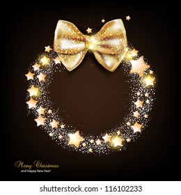 Elegant Christmas Wreath With Stars And Bow. Vector