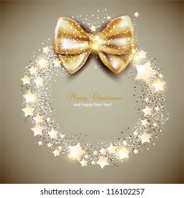 Elegant Christmas Wreath With Stars And Bow. Vector